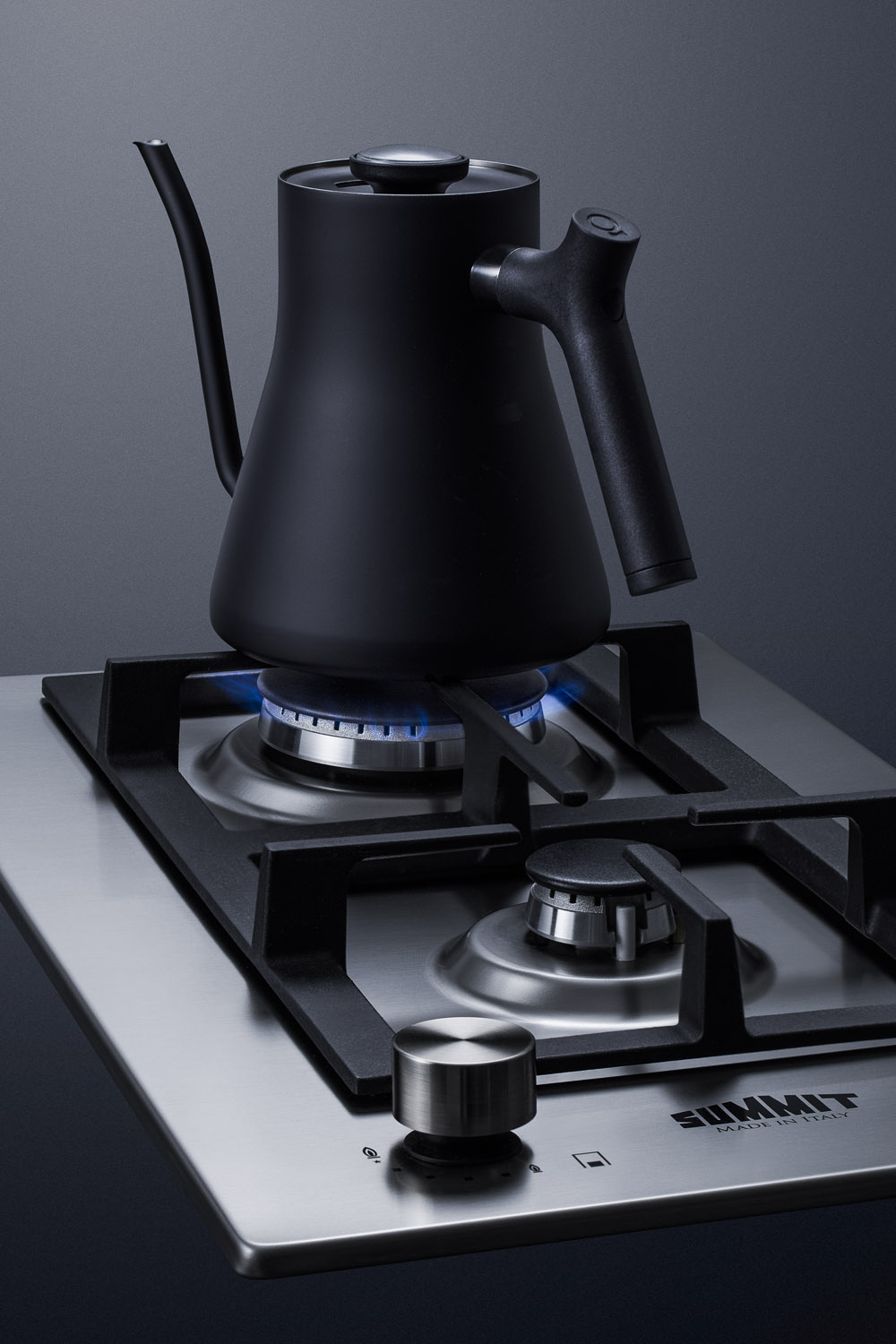 2-burner gas cooktop made in Italy with sealed burners, multiple heating outputs, a 304 grade stainless steel surface, and continuous cast iron grate